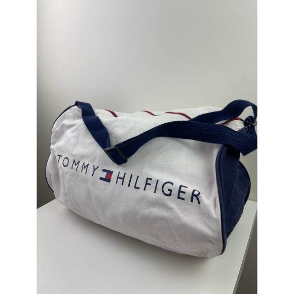 TOMMY HILFIGER Canvas Spellout Duffle Bag White Blue Weekender Sports Travel VTG - Picture 1 of 7